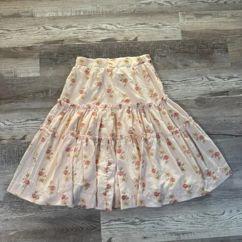 Vintage 90s Pink Floral Tiered Prairie Midi Skirt Cottagecore Coquette Boho S